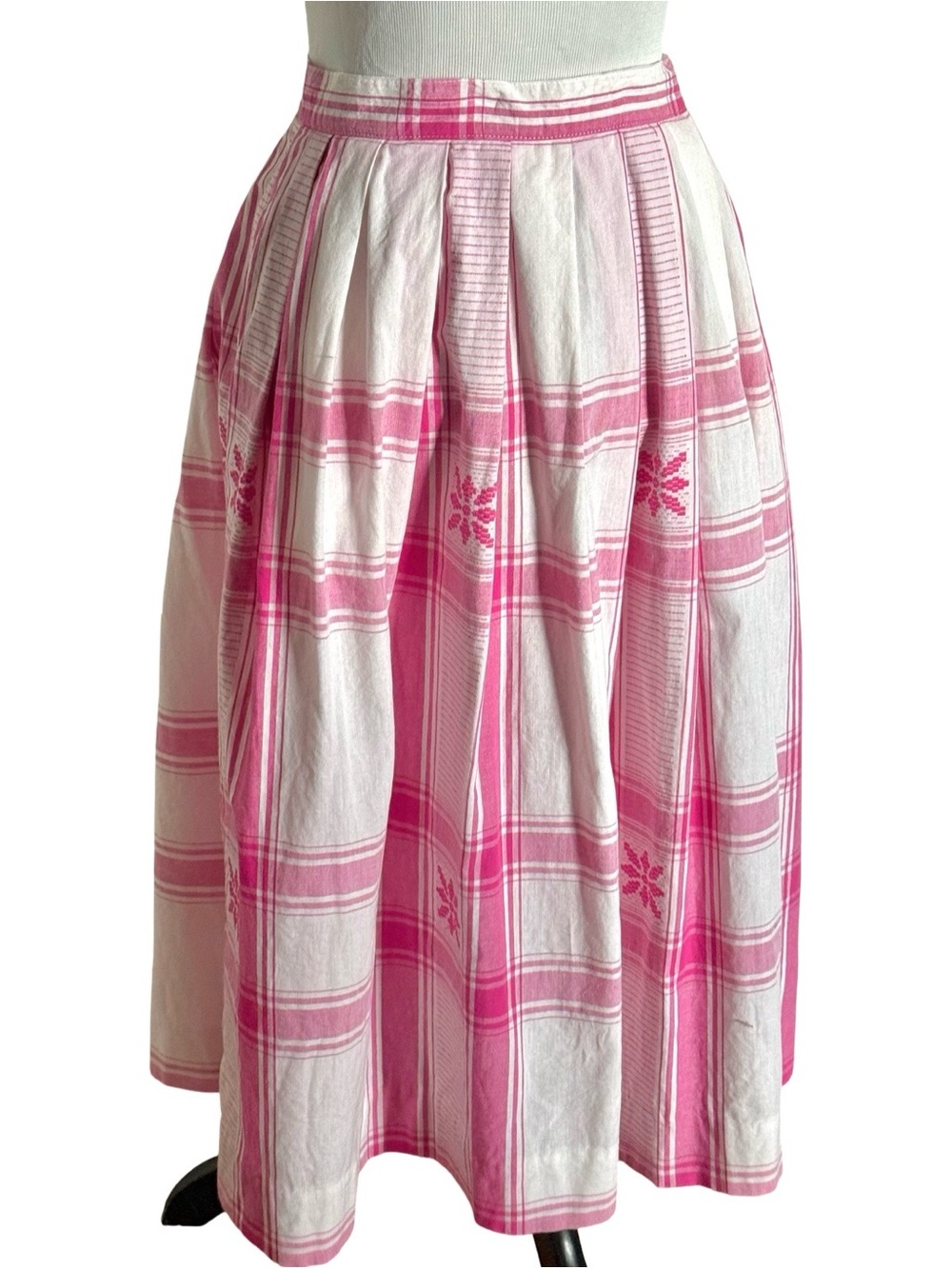 The Villager Vintage Cotton Plaid Skirt Pink White Gingham Pockets Women XS